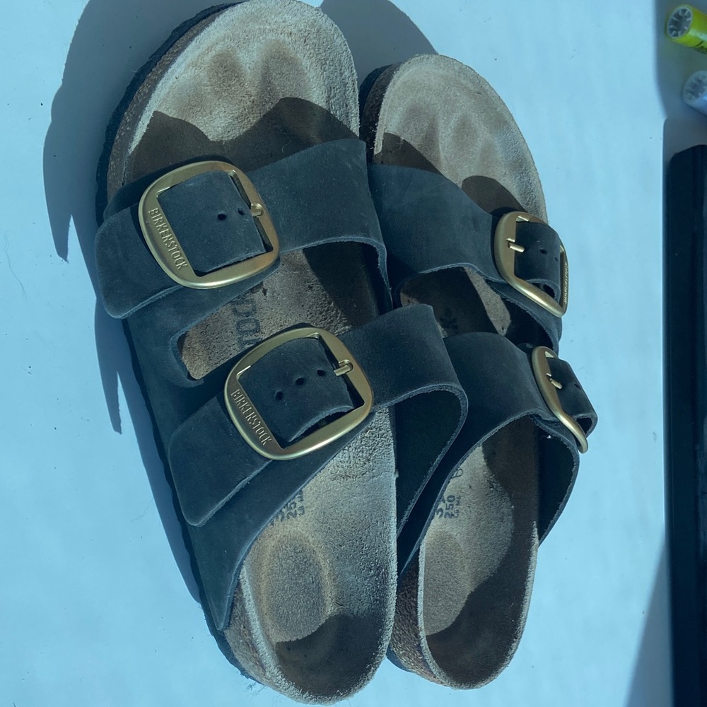 Birkenstock Black Two-Strap Sandals with Gold Buckles - Picture 3 of 5